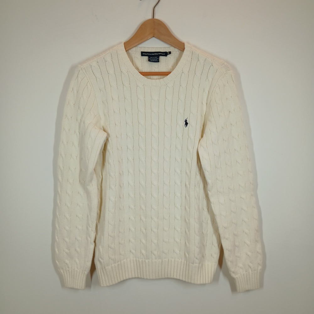 Ralph Lauren Sport Sweater Womens M Cream Cotton Cable Knit Crew Neck Pony Logo